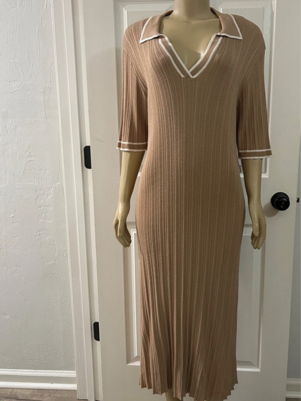 Ribbed Polo Maxi Dress in Taupe with Contrast Trim